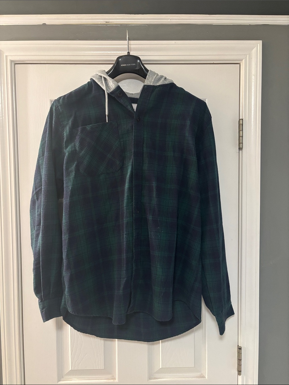 Dark Green & Navy Plaid Hooded Shirt Jacket